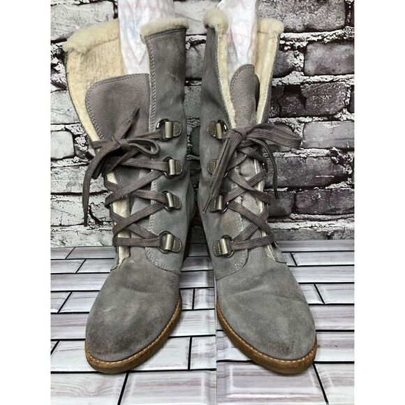 Cole Haan Waterproof Gray Suede Shearling Wedge Comfort Winter Boots Women Sz 9B - Picture 2 of 16